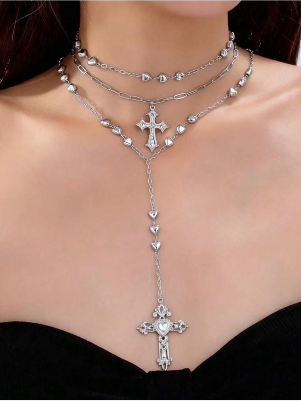 Silver Cross Layered Y-Necklace - Women Jewelry